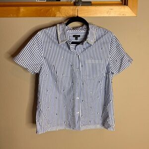 NWT Women Blue Striped Short Sleeve Shirt